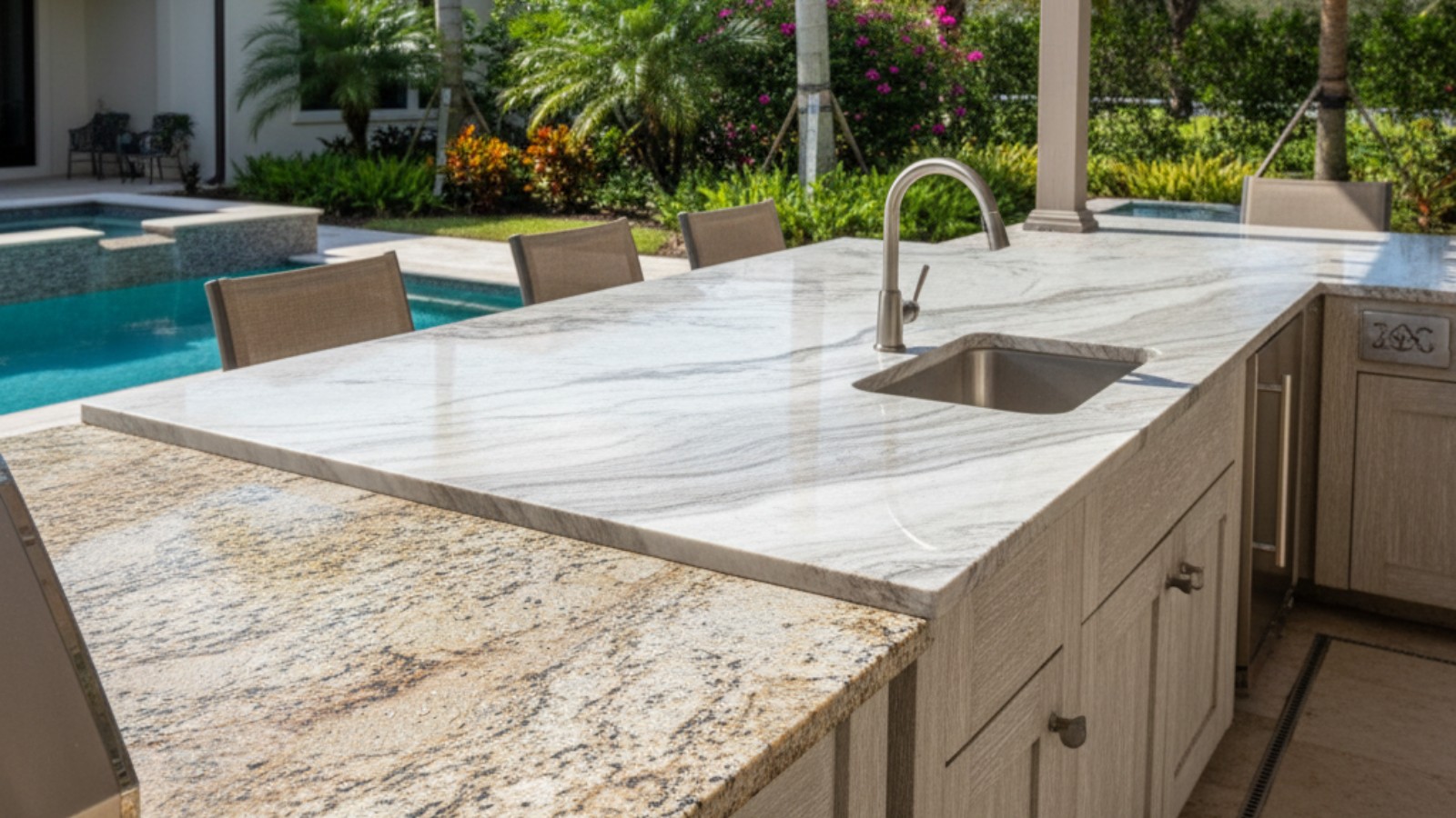 Outdoor kitchen beside a pool with light stone countertops, built-in sink, and gray cabinetry.