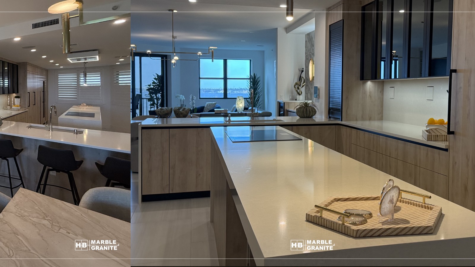Modern kitchen with a large light-colored countertop island and custom cabinetry by HB Marble & Granite.
